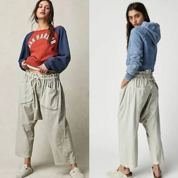 Free People Runyon Oversized Stripe Pants Mustard Medium Harem Bohemian NEW - Picture 8 of 12